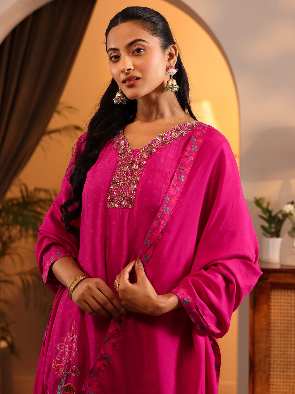 Mameraa Pink Printed Silk Blend Anarkali Suit Set With Dupatta