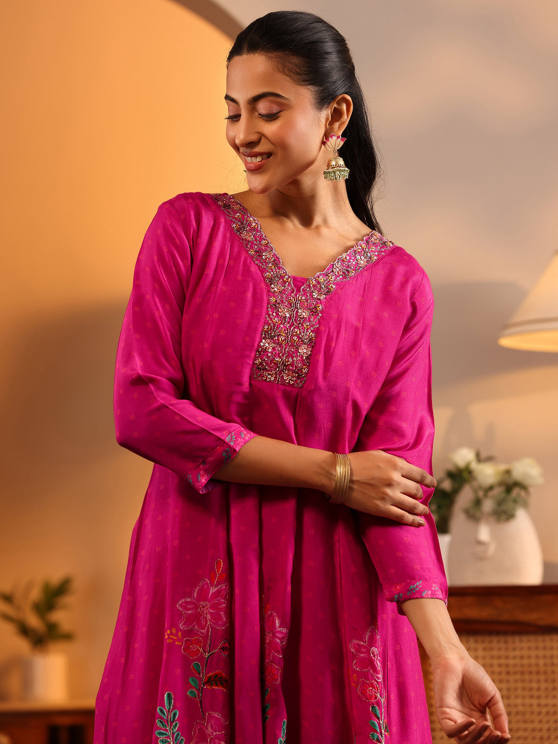 Mameraa Pink Printed Silk Blend Anarkali Suit Set With Dupatta