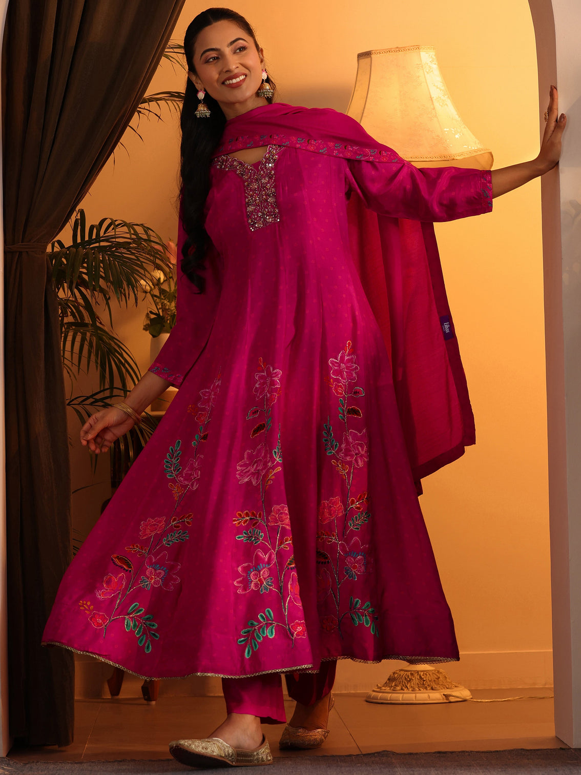 Mameraa Pink Printed Silk Blend Anarkali Suit Set With Dupatta