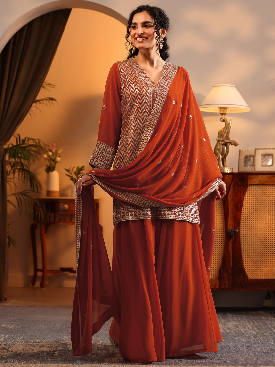 Mameraa Orange Embroidered Georgette Straight Suit Set With Dupatta