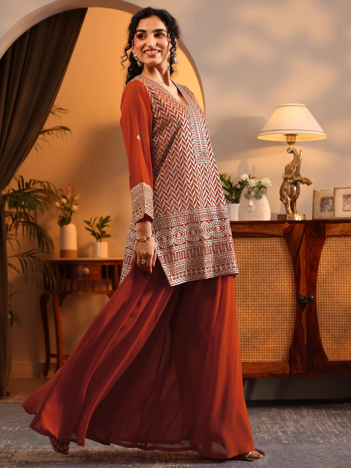 Mameraa Orange Embroidered Georgette Straight Suit Set With Dupatta