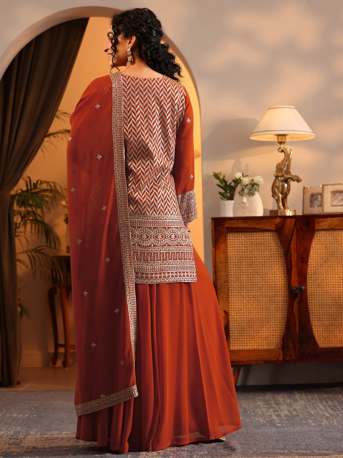 Mameraa Orange Embroidered Georgette Straight Suit Set With Dupatta