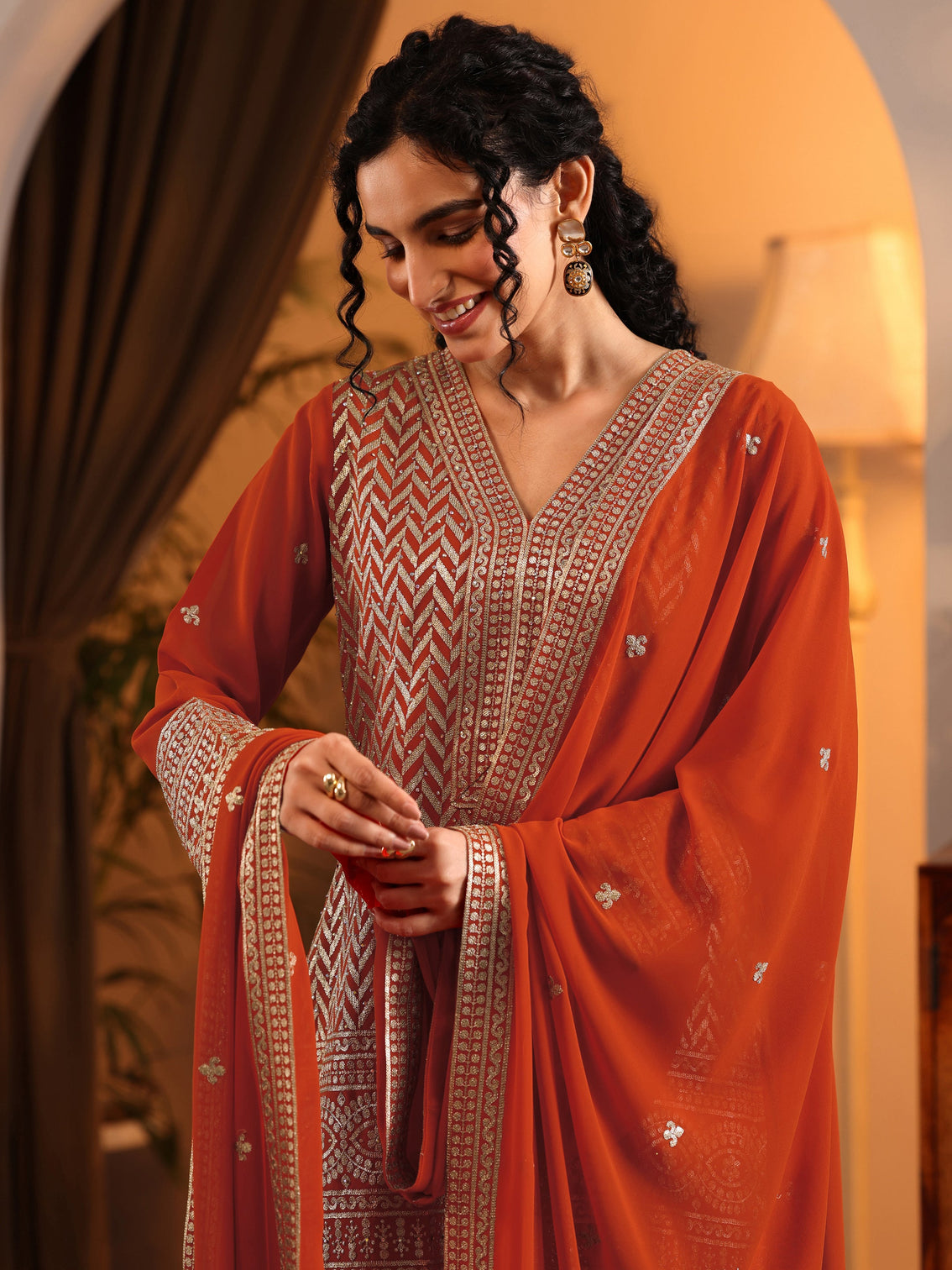 Mameraa Orange Embroidered Georgette Straight Suit Set With Dupatta