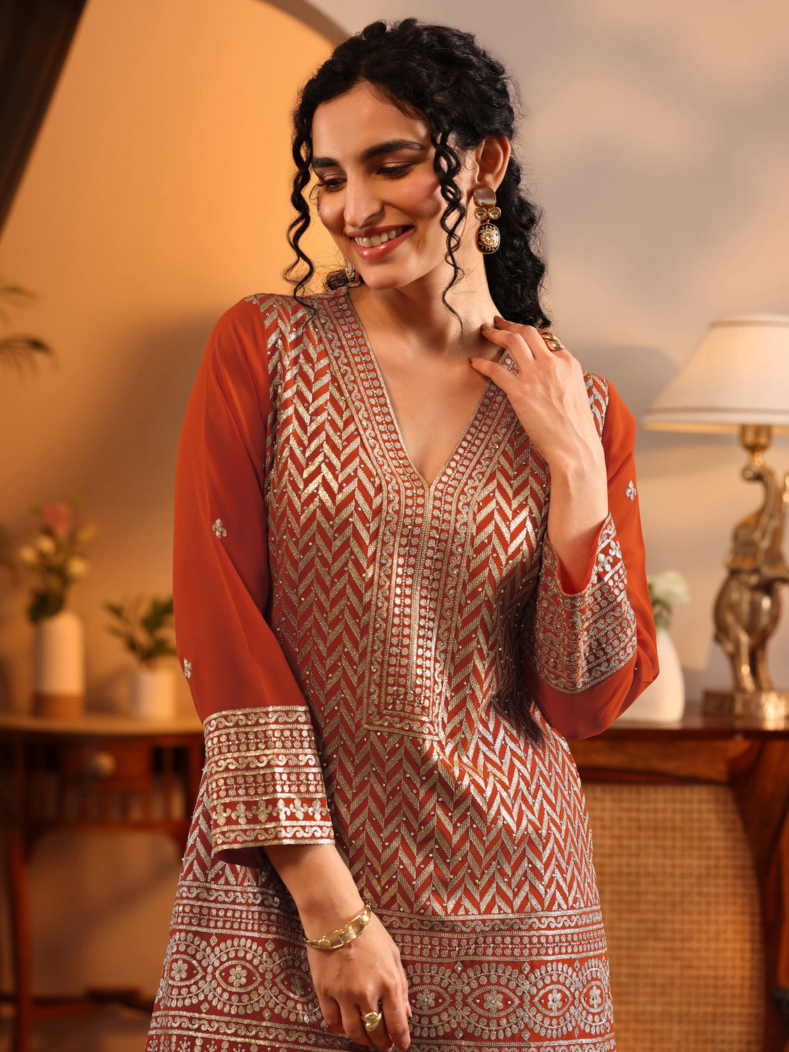 Mameraa Orange Embroidered Georgette Straight Suit Set With Dupatta