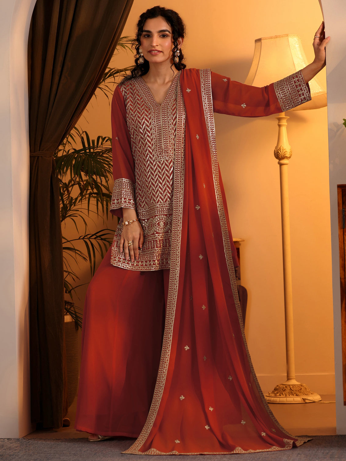 Mameraa Orange Embroidered Georgette Straight Suit Set With Dupatta
