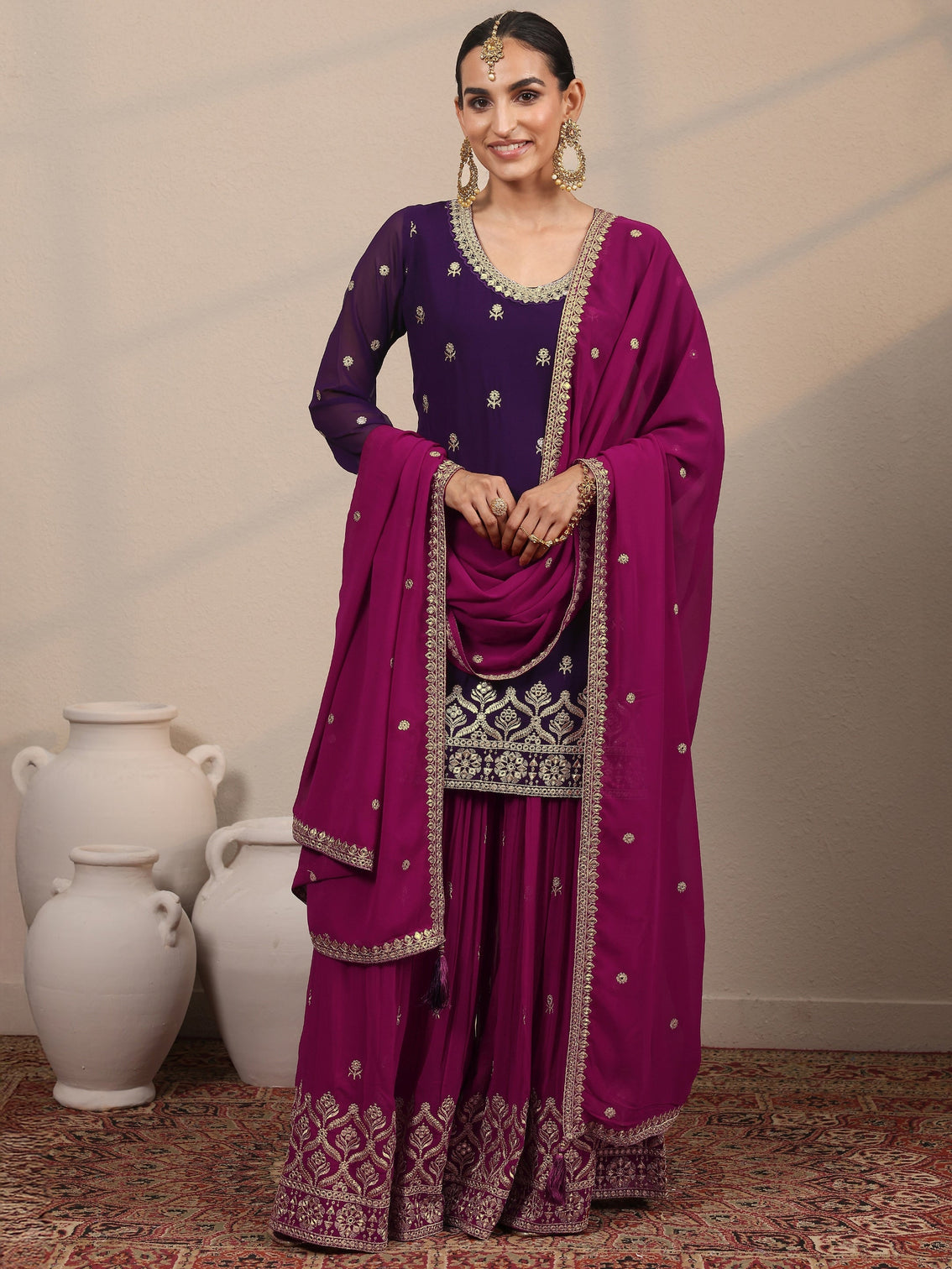 Mameraa Art Purple Embroidered Georgette Straight Suit Set With Dupatta