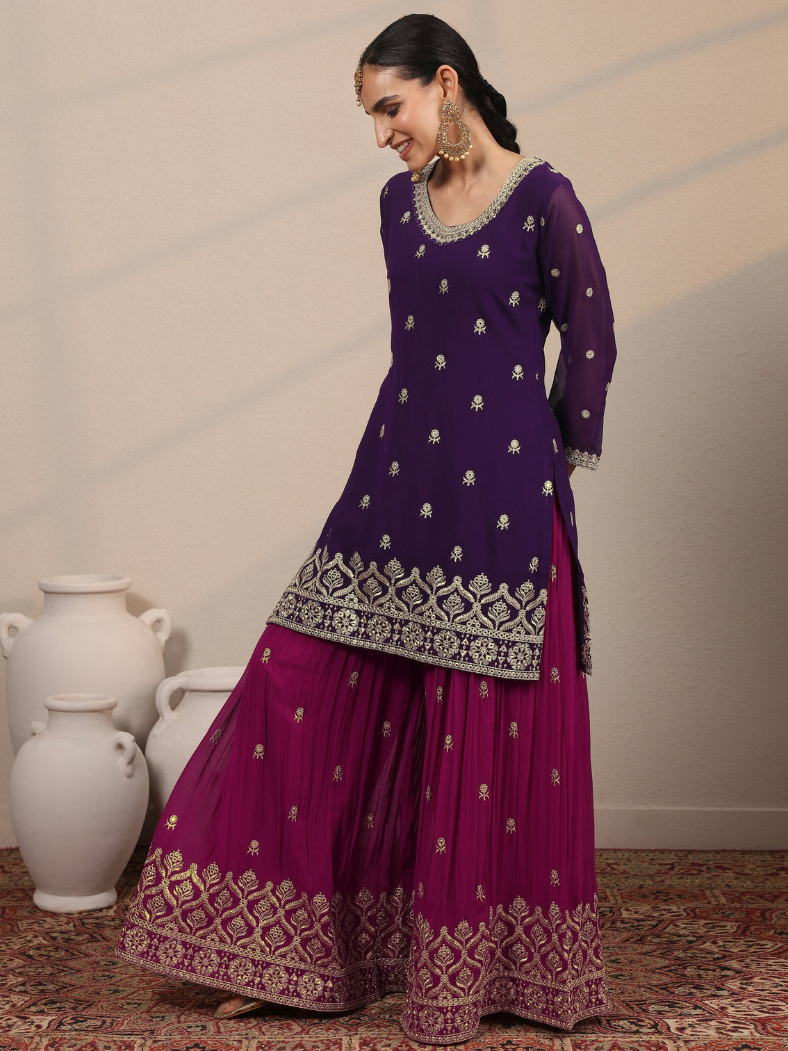 Mameraa Art Purple Embroidered Georgette Straight Suit Set With Dupatta