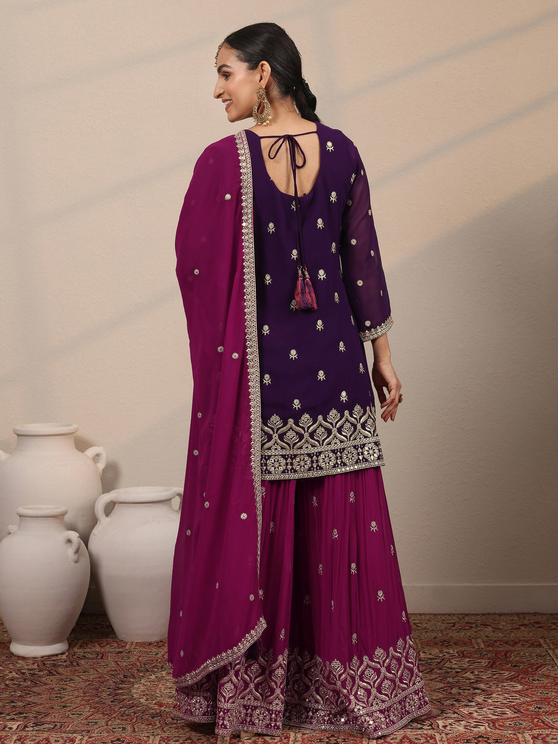 Mameraa Art Purple Embroidered Georgette Straight Suit Set With Dupatta
