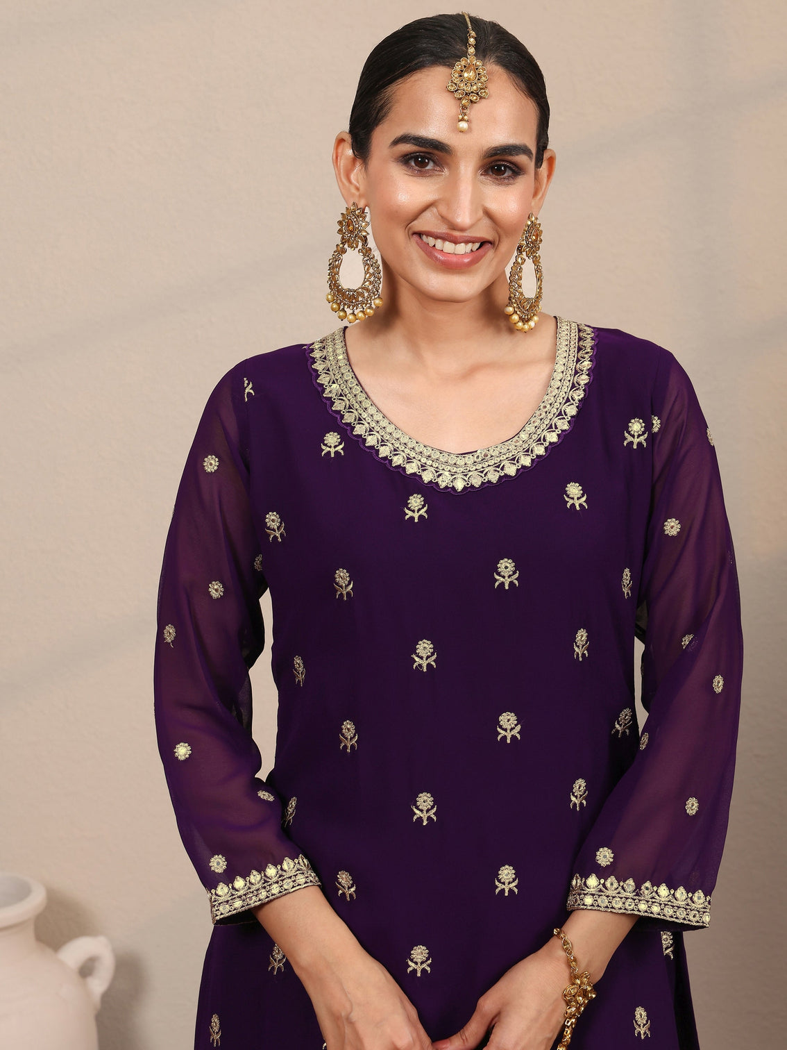 Mameraa Art Purple Embroidered Georgette Straight Suit Set With Dupatta