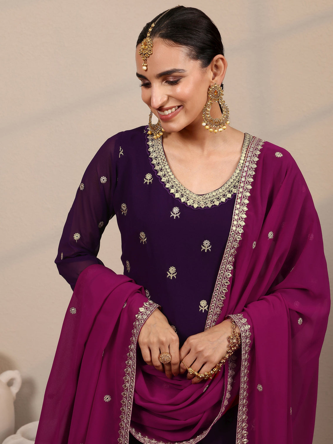 Mameraa Art Purple Embroidered Georgette Straight Suit Set With Dupatta