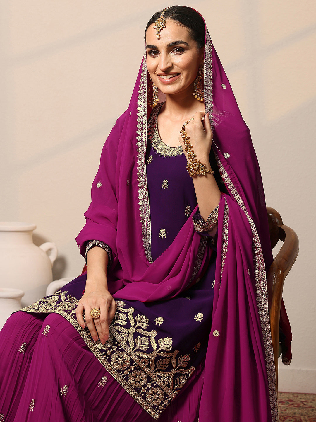 Mameraa Art Purple Embroidered Georgette Straight Suit Set With Dupatta