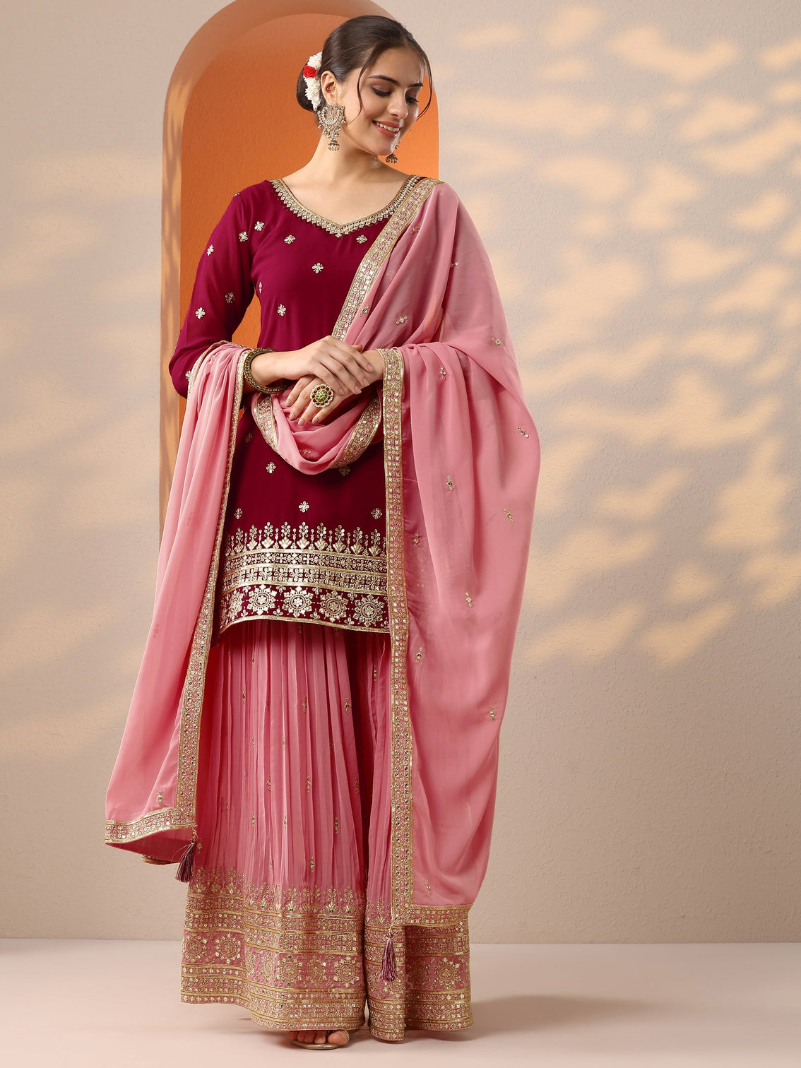Mameraa Art Pink Woven Design Georgette Straight Suit Set With Dupatta