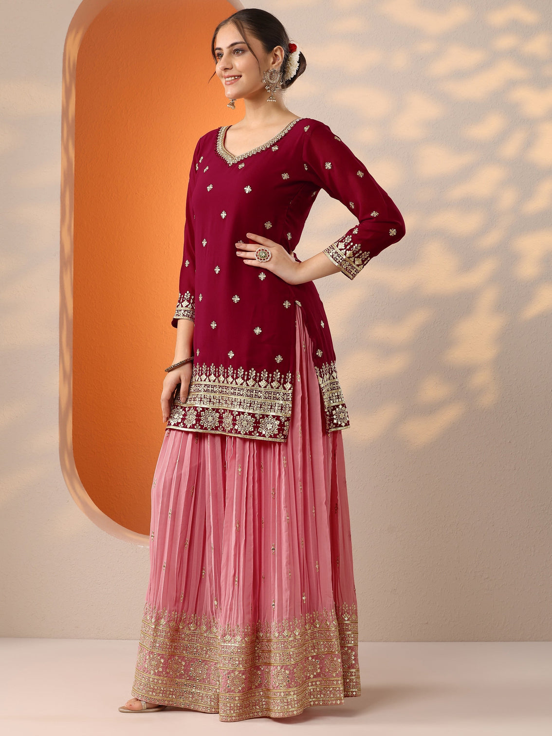 Mameraa Art Pink Woven Design Georgette Straight Suit Set With Dupatta