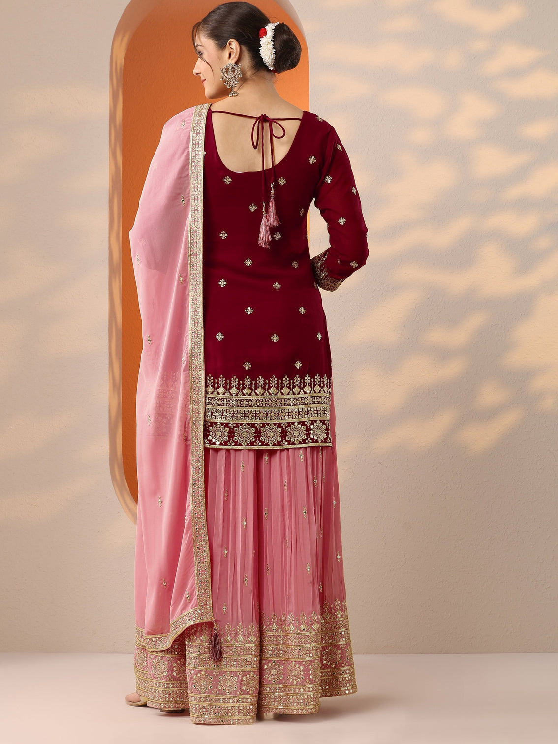 Mameraa Art Pink Woven Design Georgette Straight Suit Set With Dupatta
