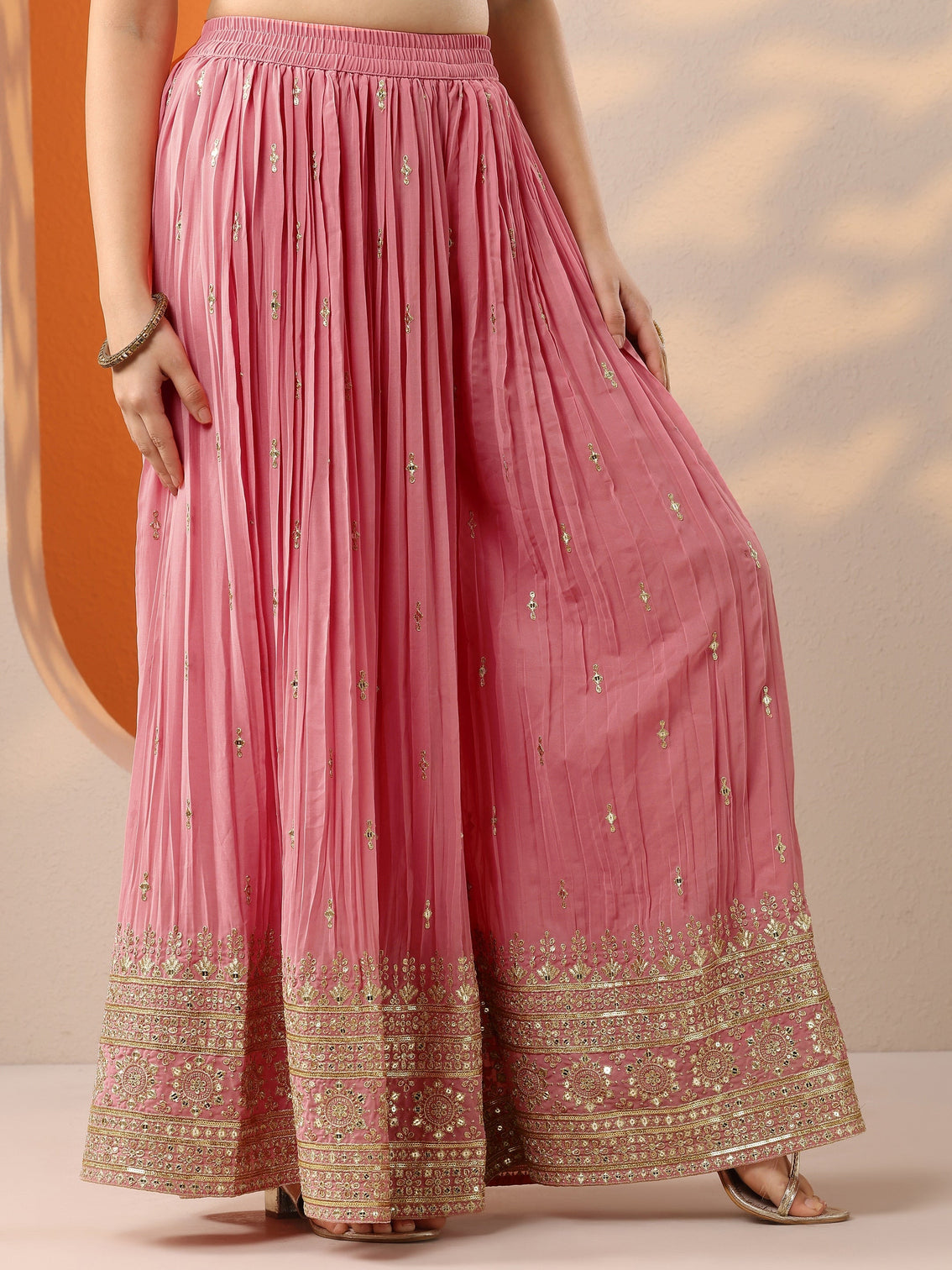 Mameraa Art Pink Woven Design Georgette Straight Suit Set With Dupatta