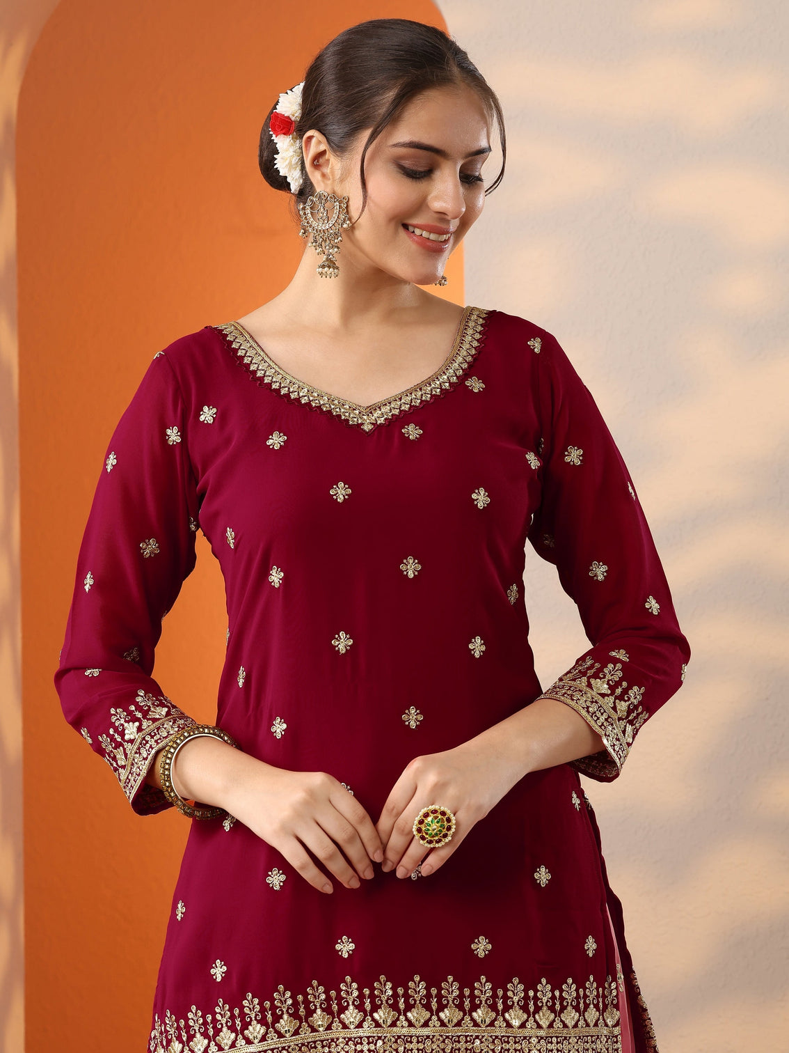 Mameraa Art Pink Woven Design Georgette Straight Suit Set With Dupatta