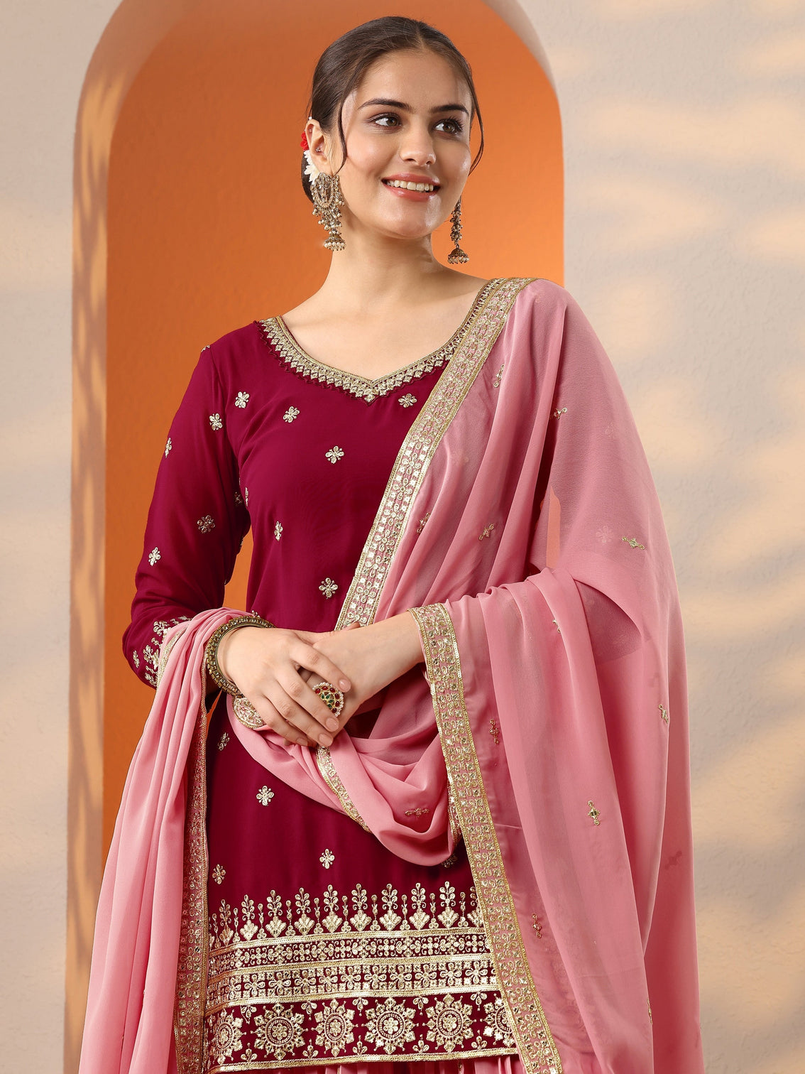 Mameraa Art Pink Woven Design Georgette Straight Suit Set With Dupatta