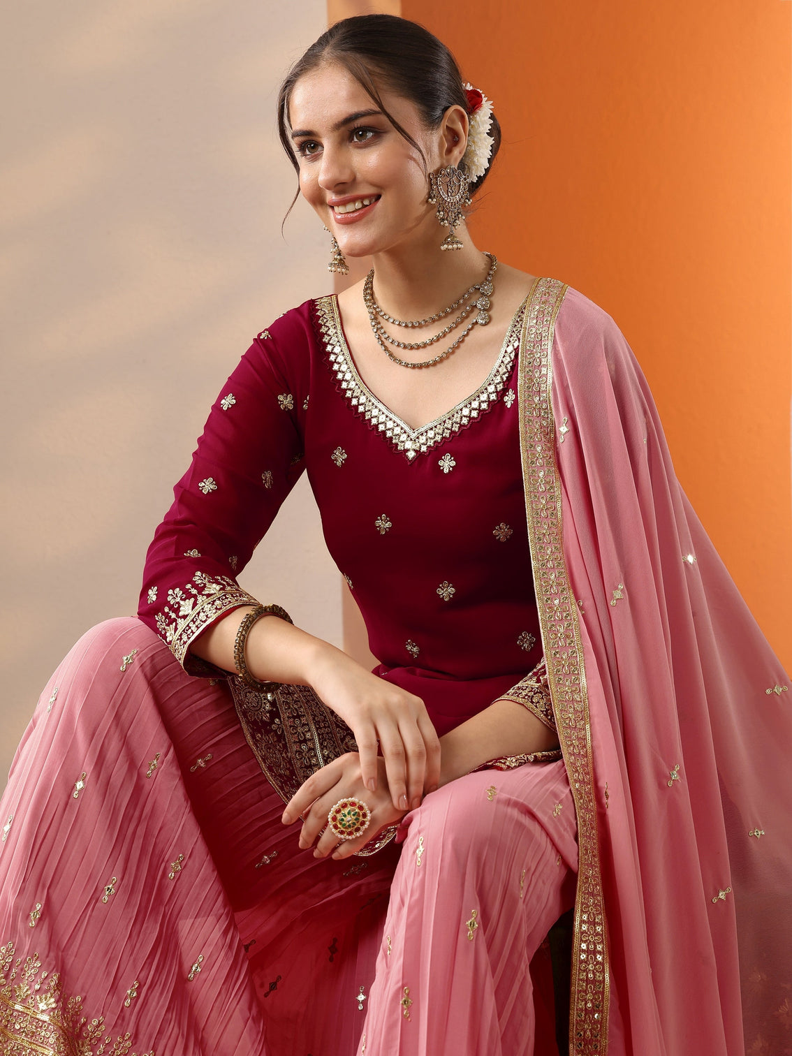 Mameraa Art Pink Woven Design Georgette Straight Suit Set With Dupatta