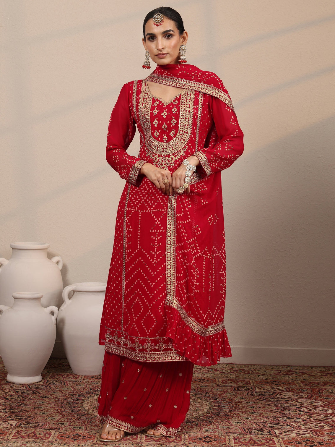 Mameraa Art Red Printed Georgette Straight Suit Set With Dupatta