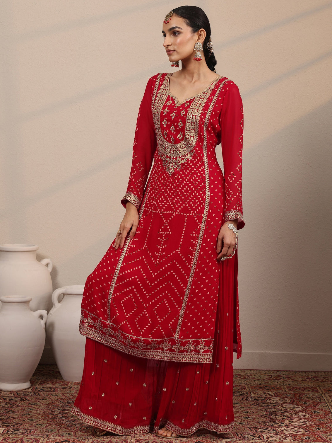 Mameraa Art Red Printed Georgette Straight Suit Set With Dupatta