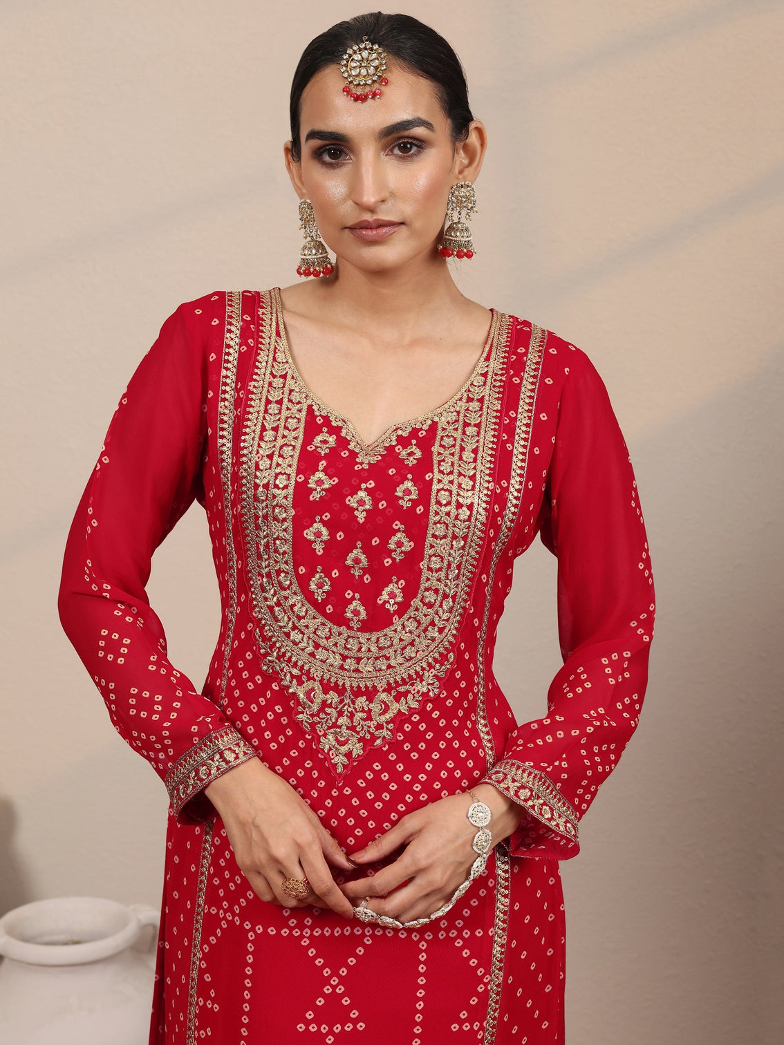 Mameraa Art Red Printed Georgette Straight Suit Set With Dupatta