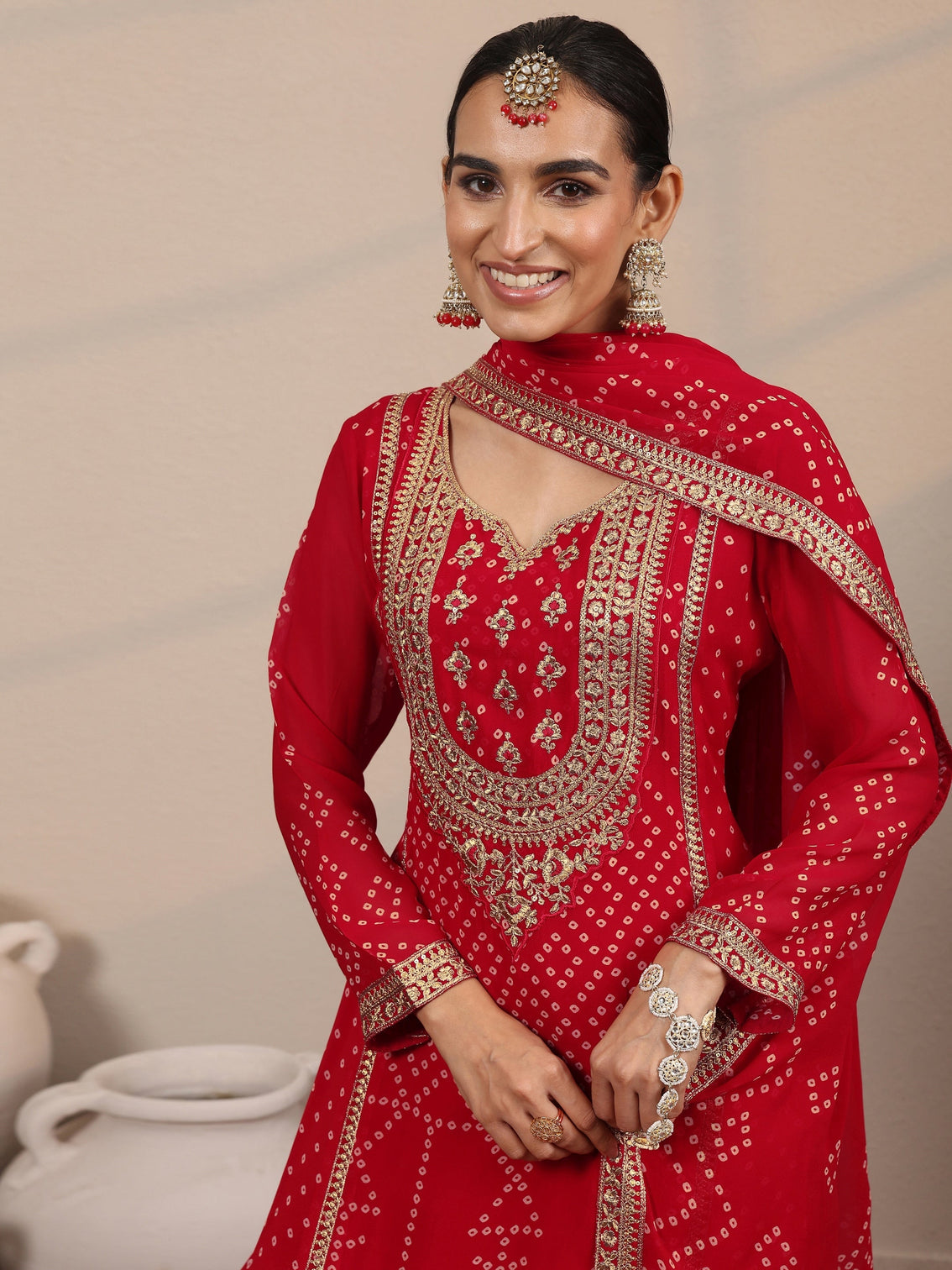 Mameraa Art Red Printed Georgette Straight Suit Set With Dupatta