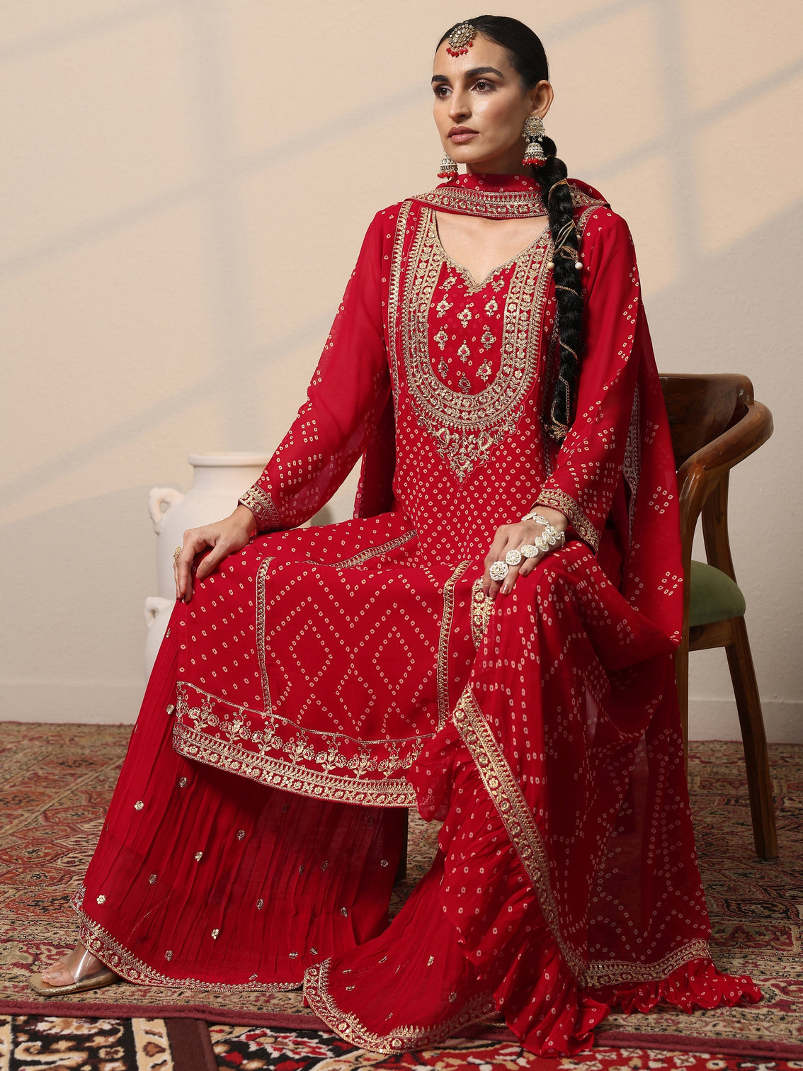 Mameraa Art Red Printed Georgette Straight Suit Set With Dupatta