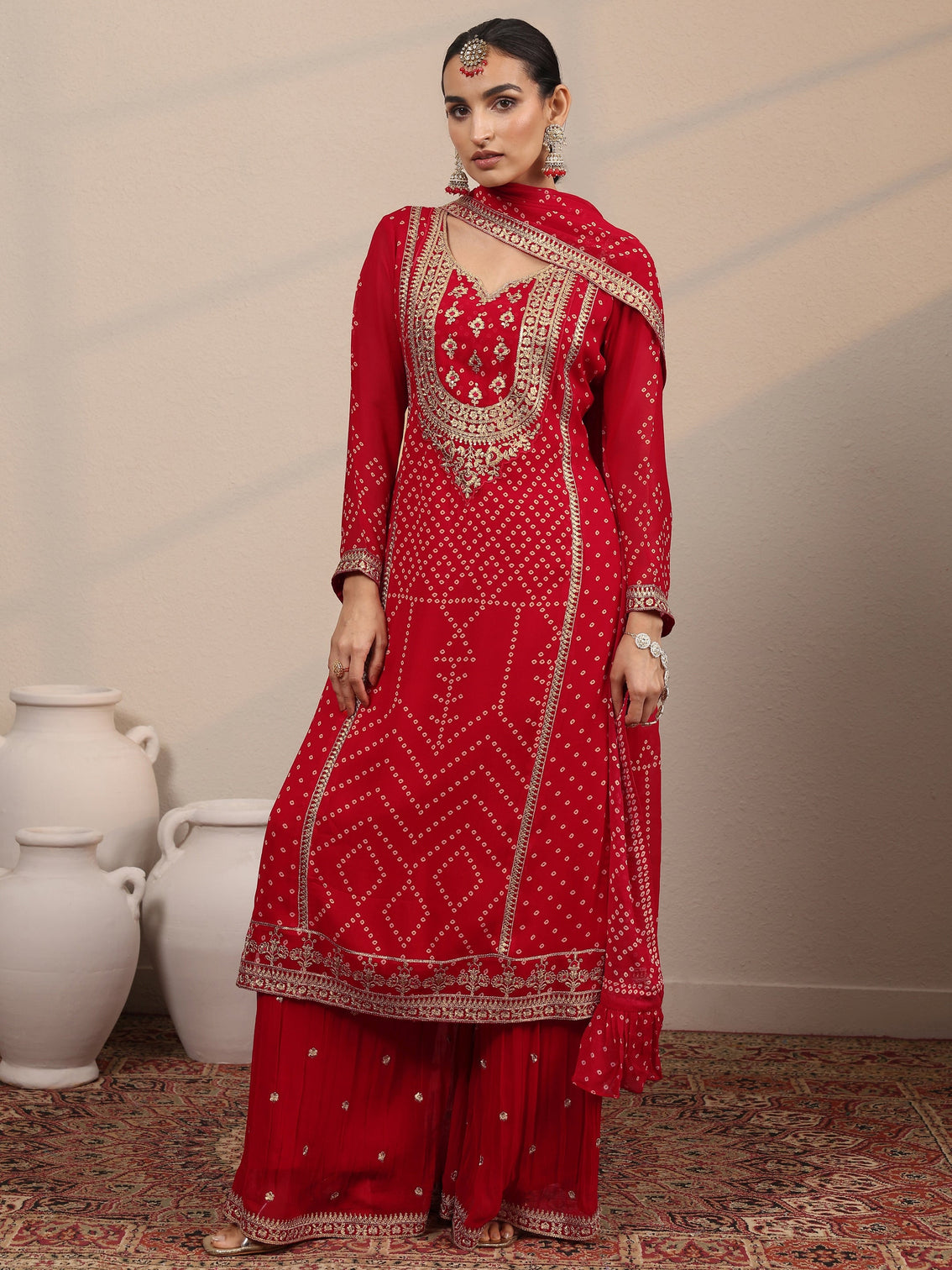 Mameraa Art Red Printed Georgette Straight Suit Set With Dupatta