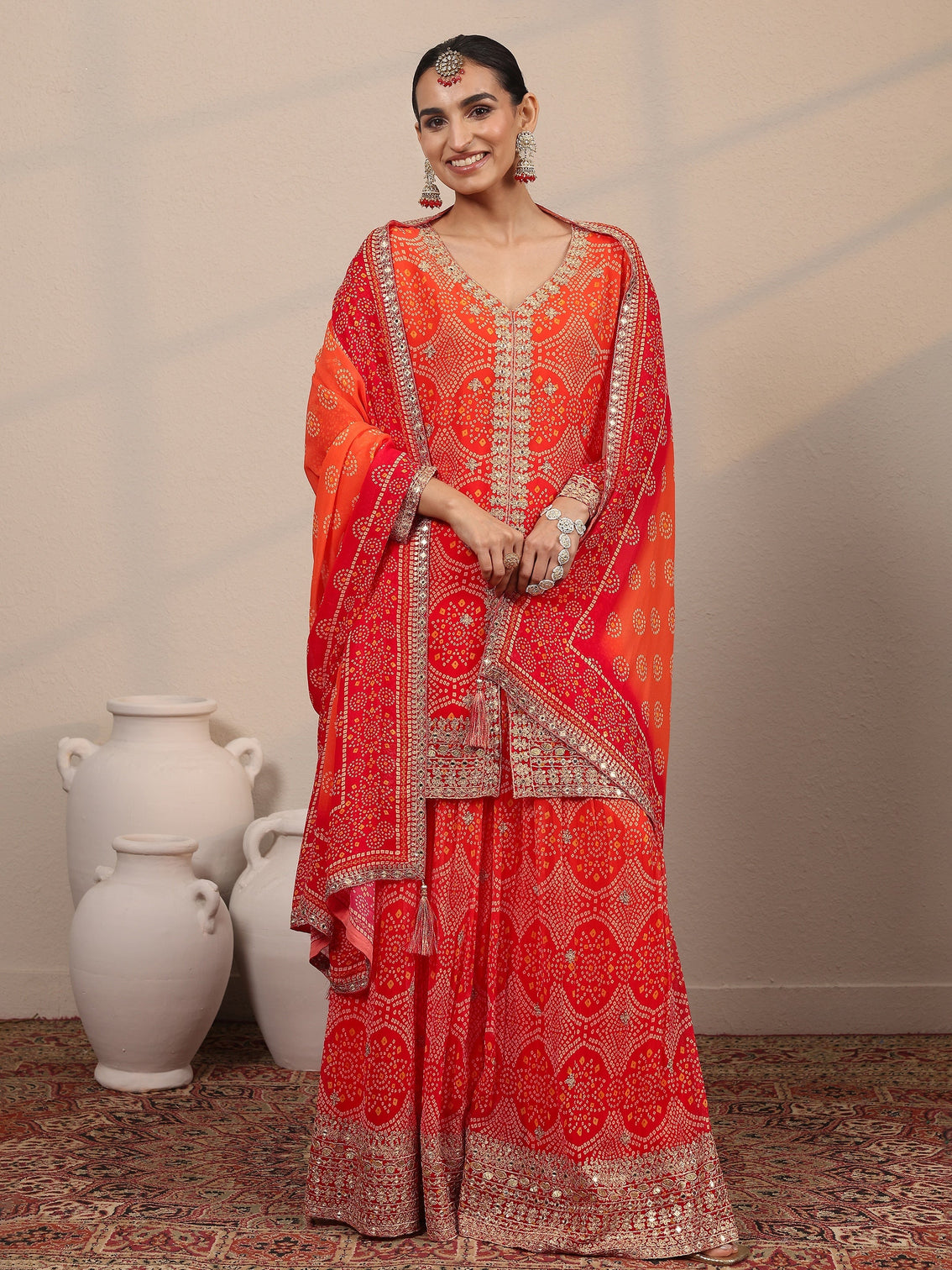Mameraa Art Orange Printed Georgette Straight Suit Set With Dupatta