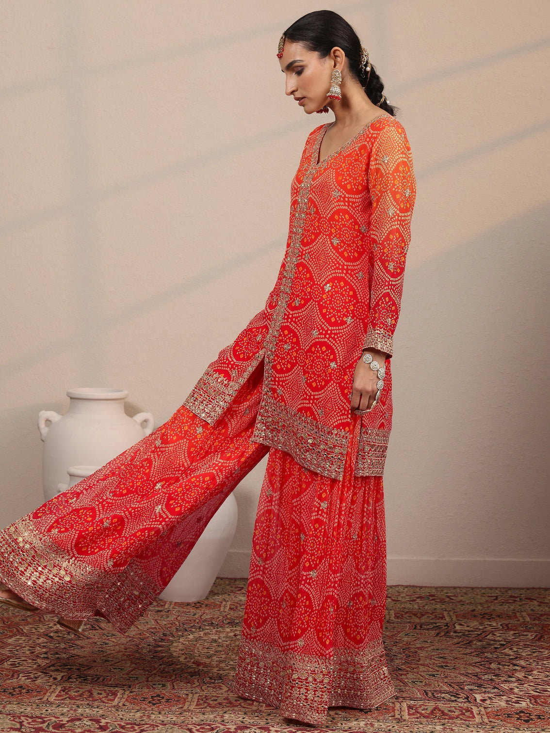 Mameraa Art Orange Printed Georgette Straight Suit Set With Dupatta