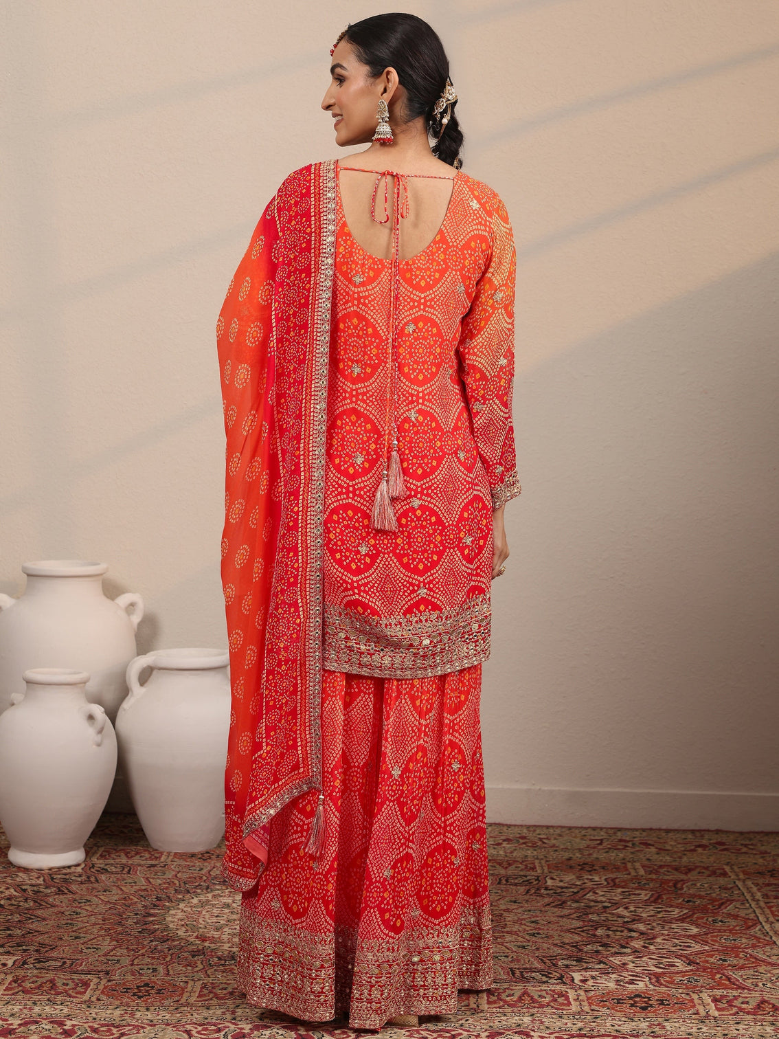Mameraa Art Orange Printed Georgette Straight Suit Set With Dupatta