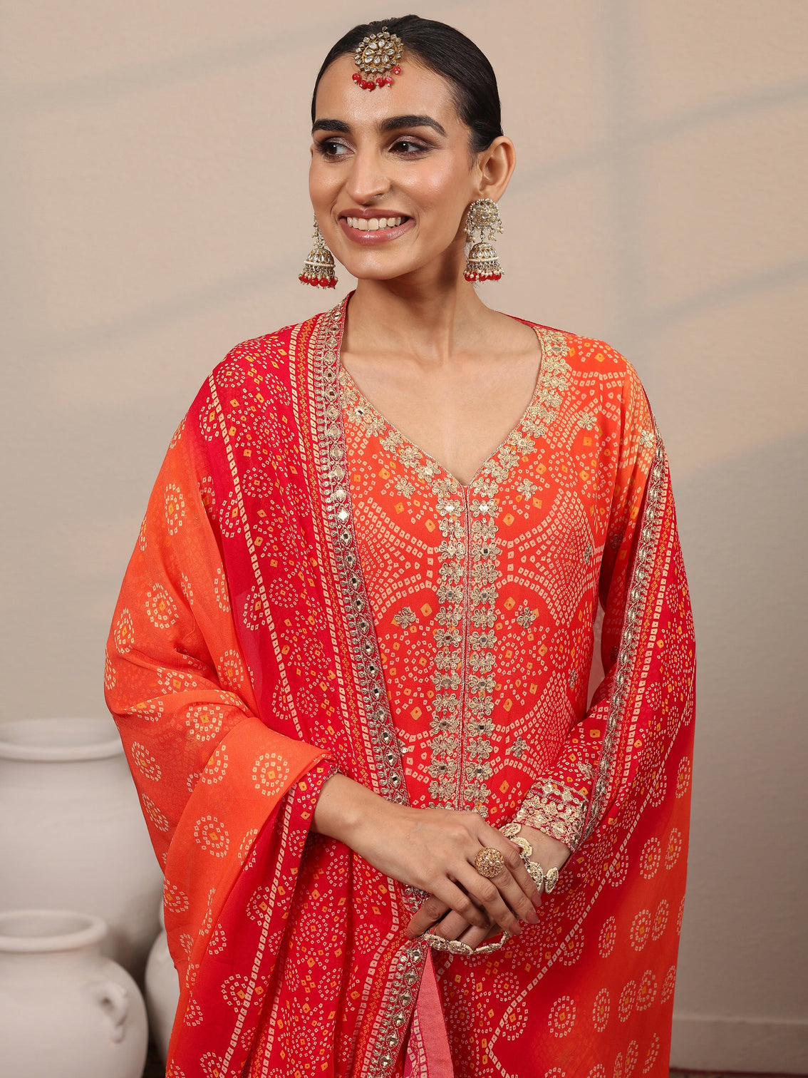 Mameraa Art Orange Printed Georgette Straight Suit Set With Dupatta