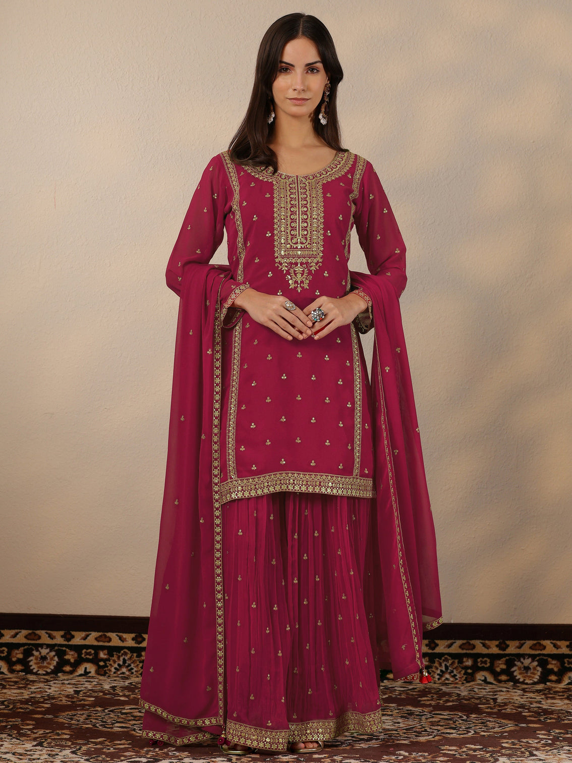 Mameraa Pink Embroidered Georgette Suit Set With Dupatta