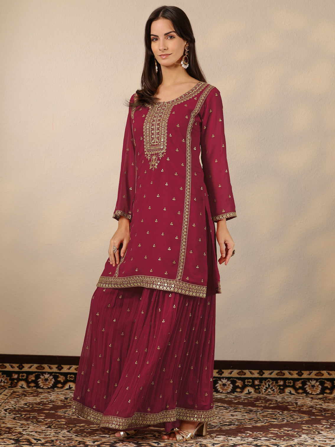 Mameraa Pink Embroidered Georgette Suit Set With Dupatta