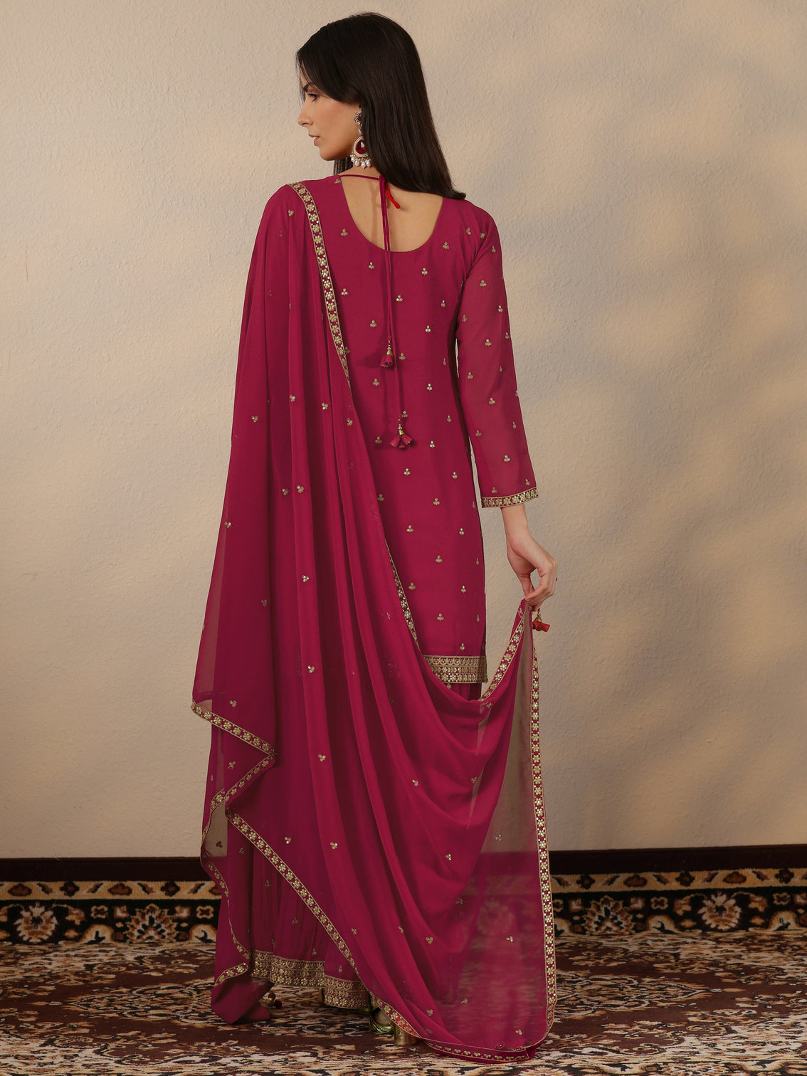 Mameraa Pink Embroidered Georgette Suit Set With Dupatta
