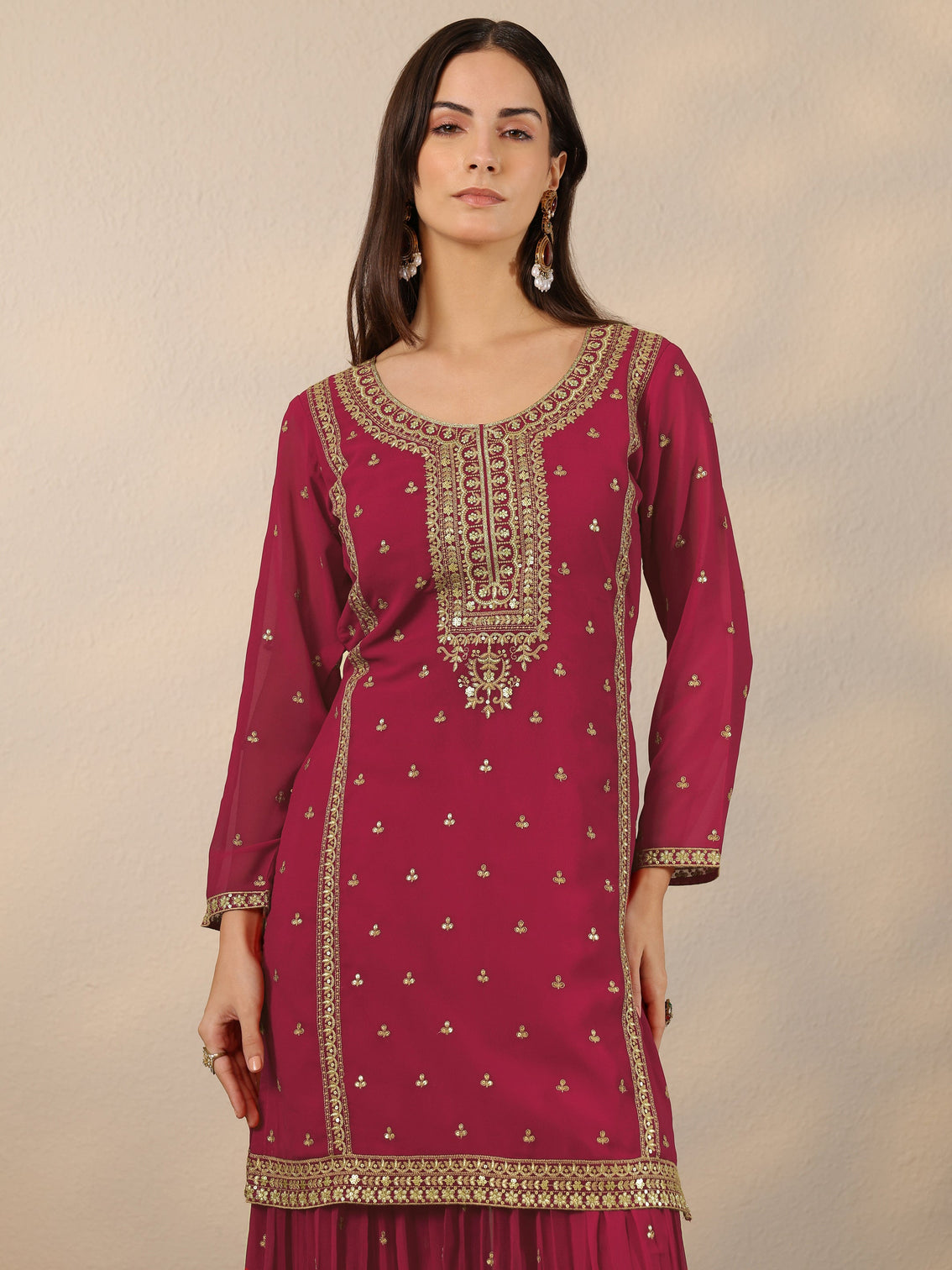 Mameraa Pink Embroidered Georgette Suit Set With Dupatta