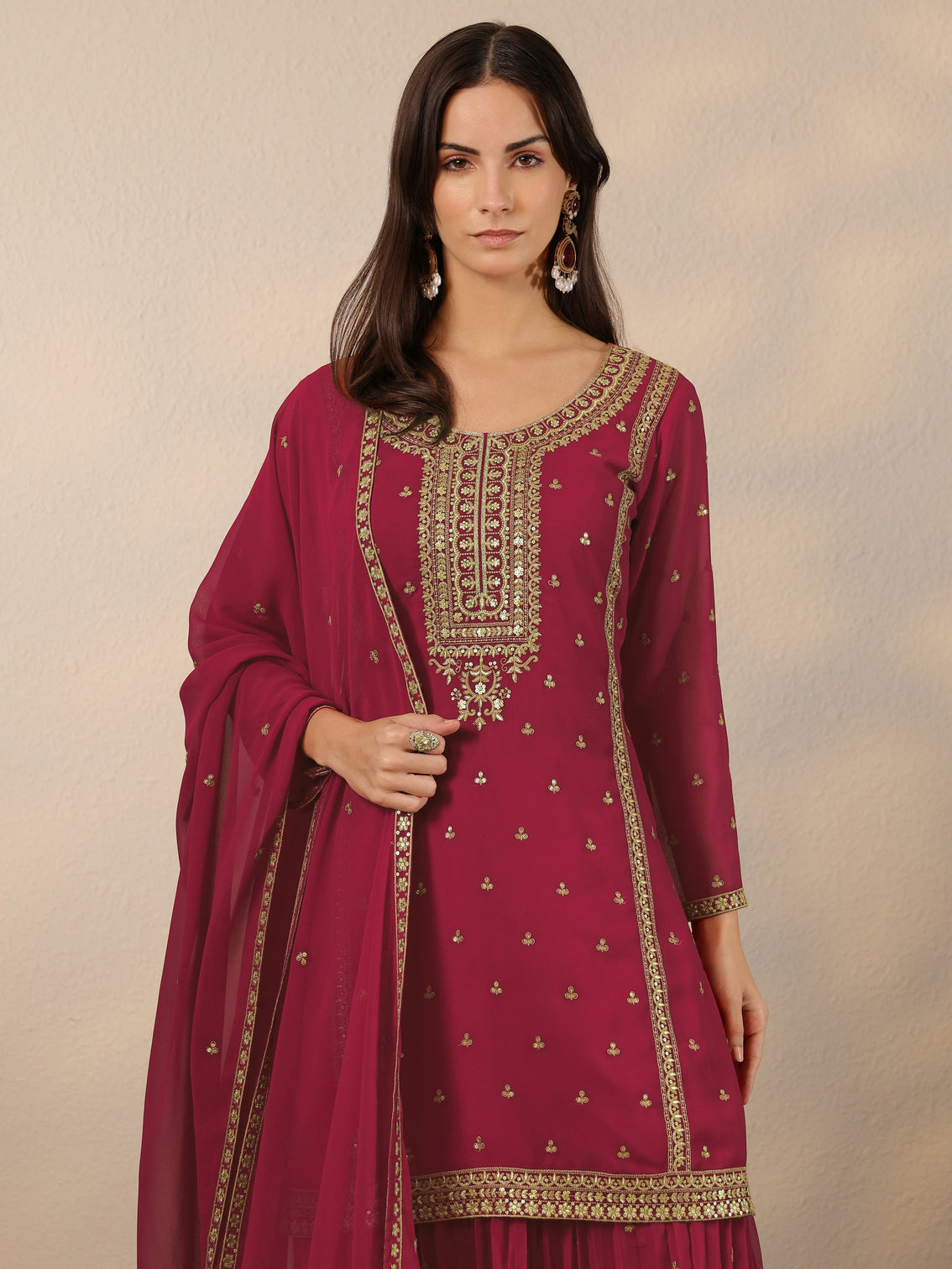Mameraa Pink Embroidered Georgette Suit Set With Dupatta