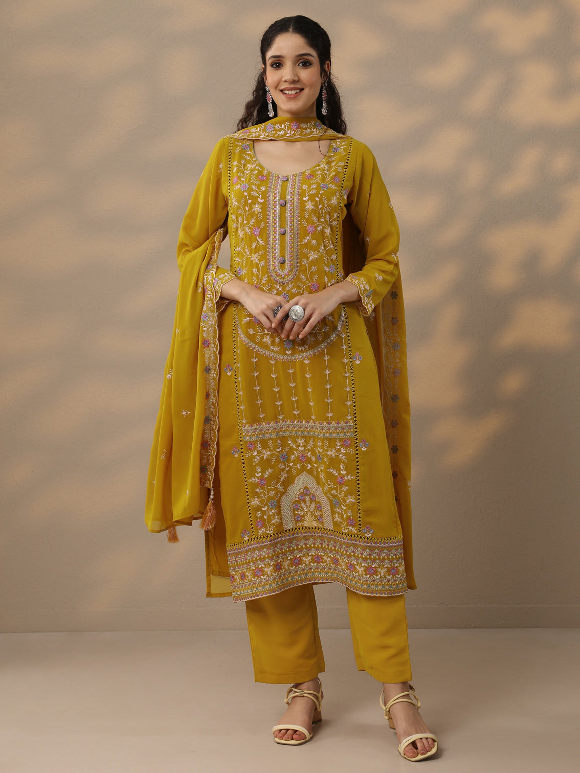 Mameraa Mustard Embroidered Georgette Straight Suit Set With Dupatta