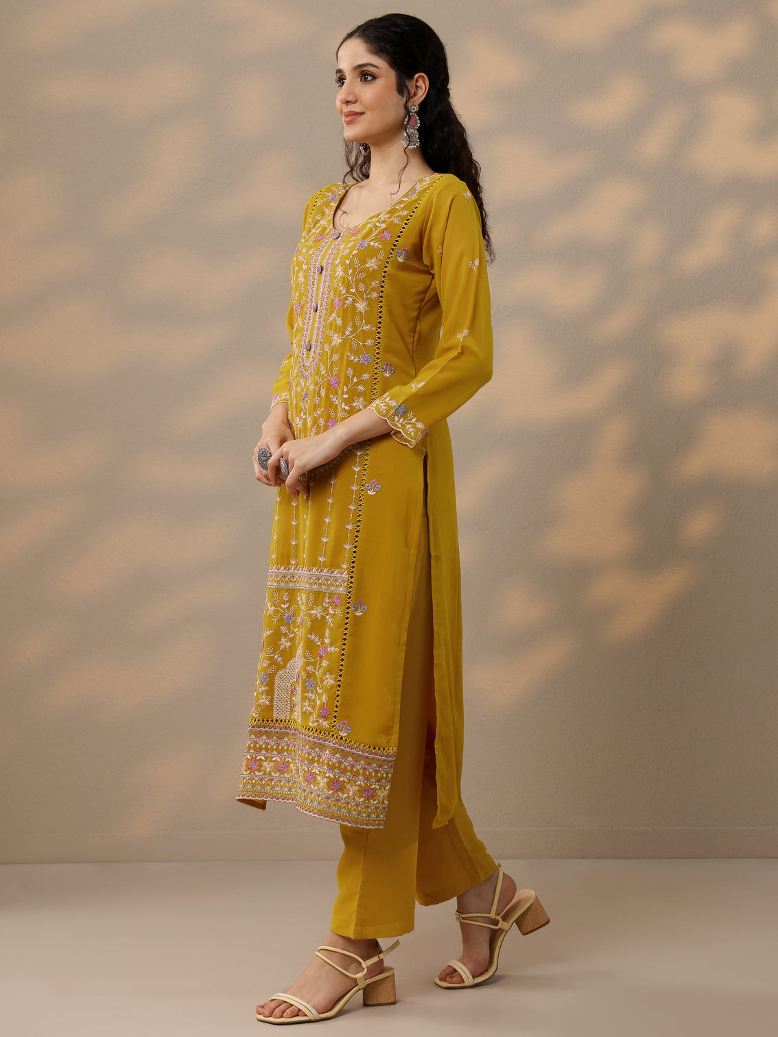 Mameraa Mustard Embroidered Georgette Straight Suit Set With Dupatta