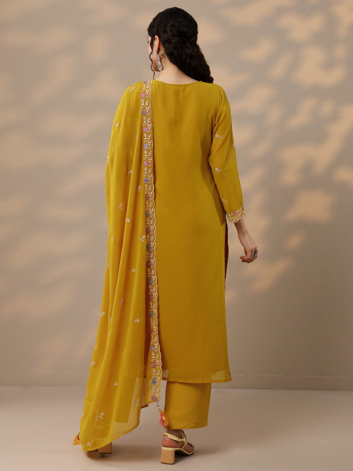 Mameraa Mustard Embroidered Georgette Straight Suit Set With Dupatta