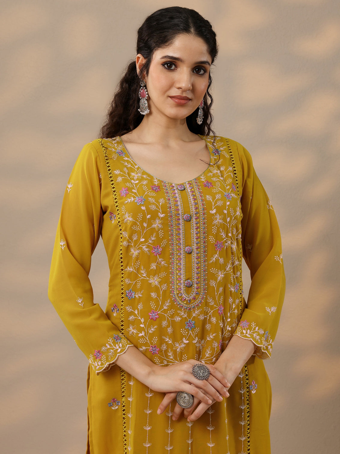Mameraa Mustard Embroidered Georgette Straight Suit Set With Dupatta
