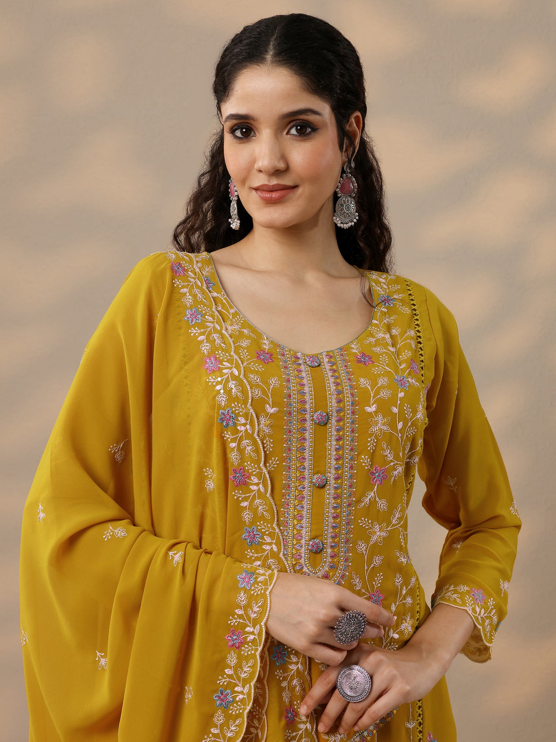 Mameraa Mustard Embroidered Georgette Straight Suit Set With Dupatta