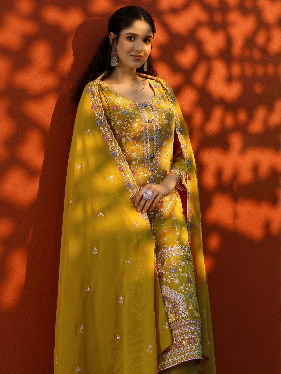 Mameraa Mustard Embroidered Georgette Straight Suit Set With Dupatta