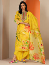 Libas Yellow Printed Cotton Straight Suit Set With Dupatta