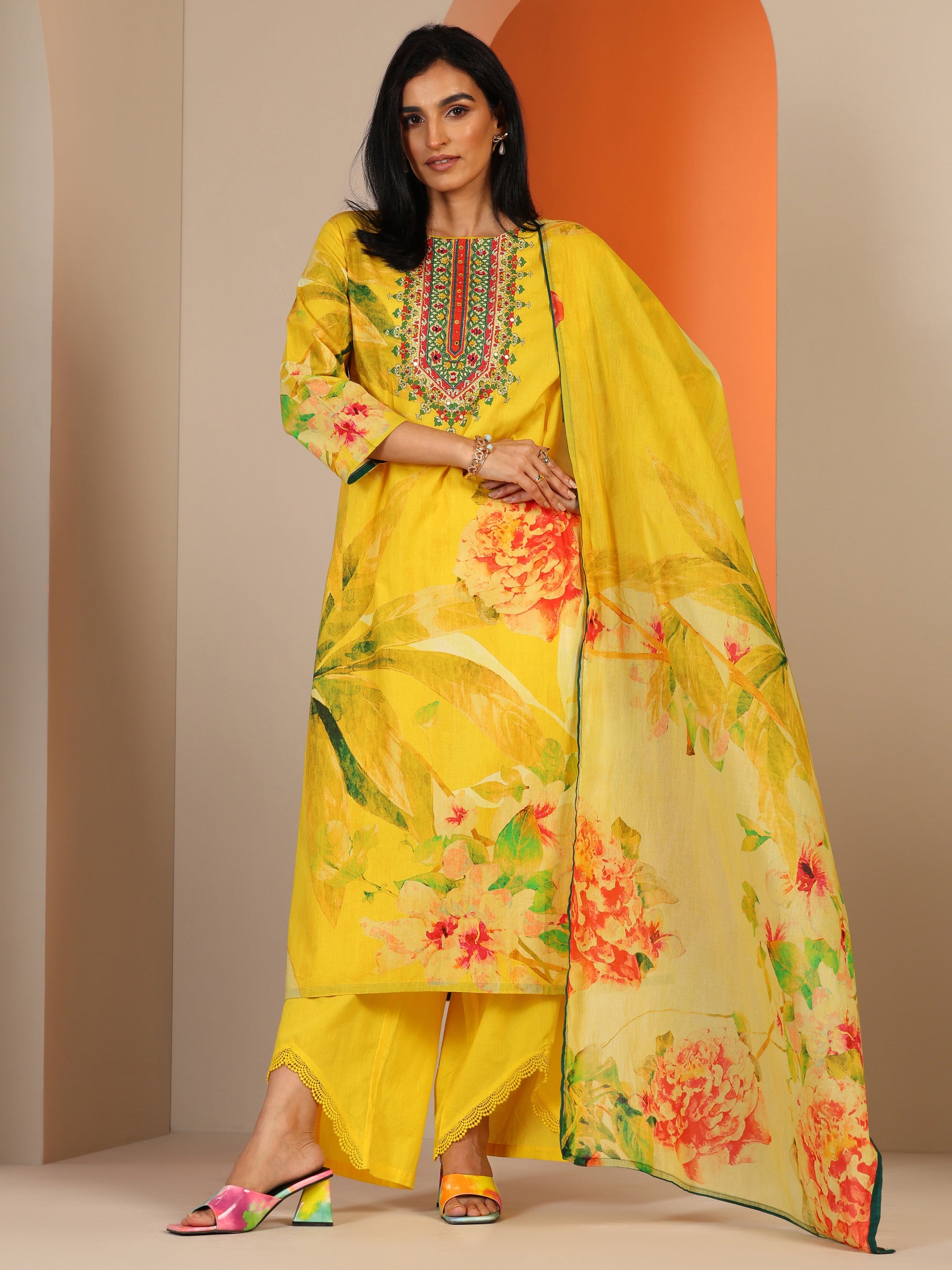 Libas Yellow Printed Cotton Straight Suit Set With Dupatta