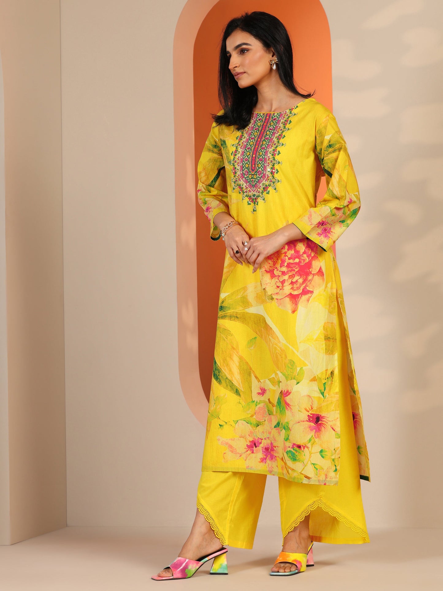 Libas Yellow Printed Cotton Straight Suit Set With Dupatta