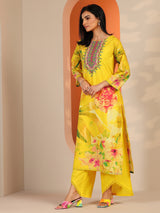 Libas Yellow Printed Cotton Straight Suit Set With Dupatta