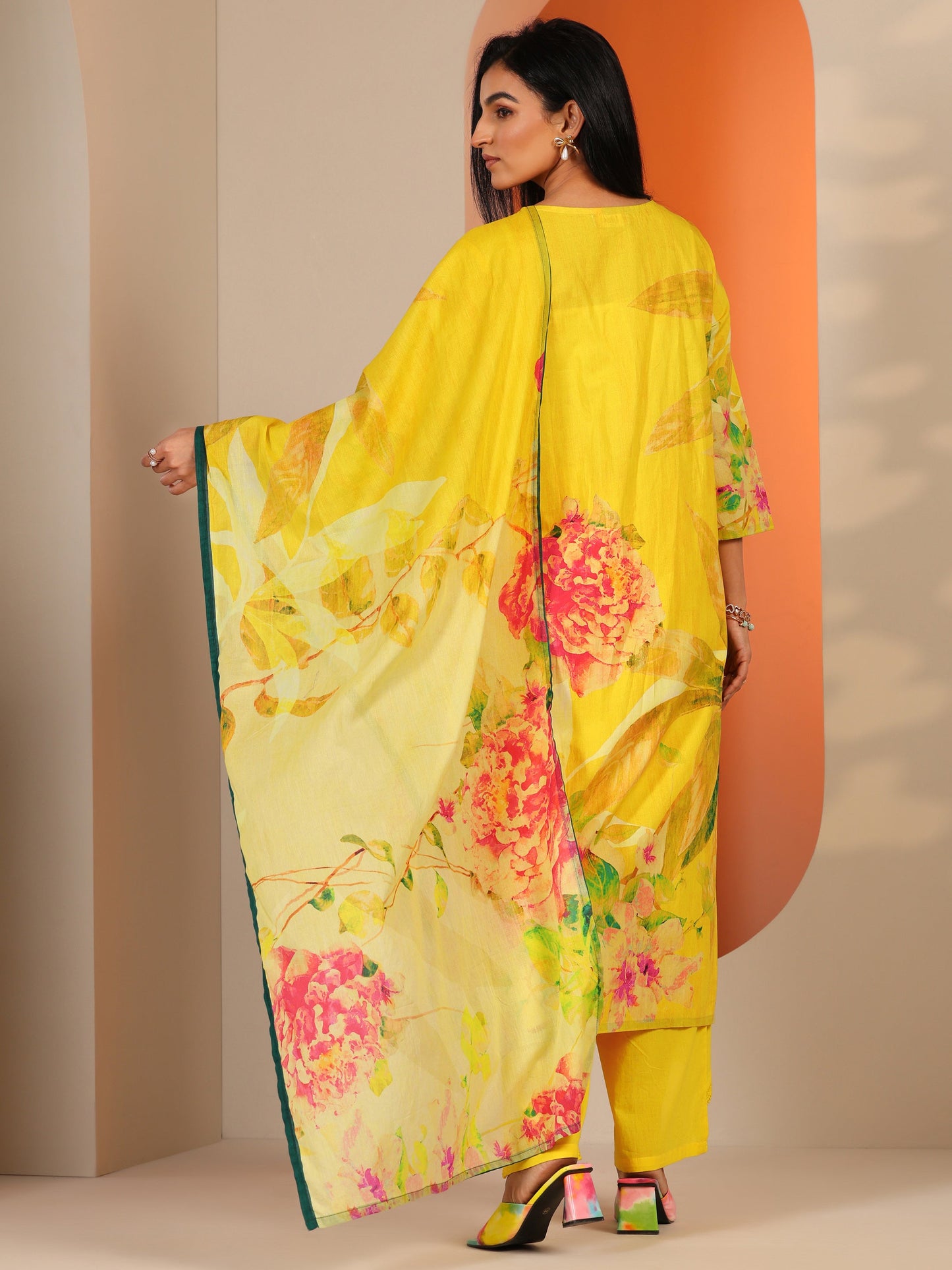 Libas Yellow Printed Cotton Straight Suit Set With Dupatta