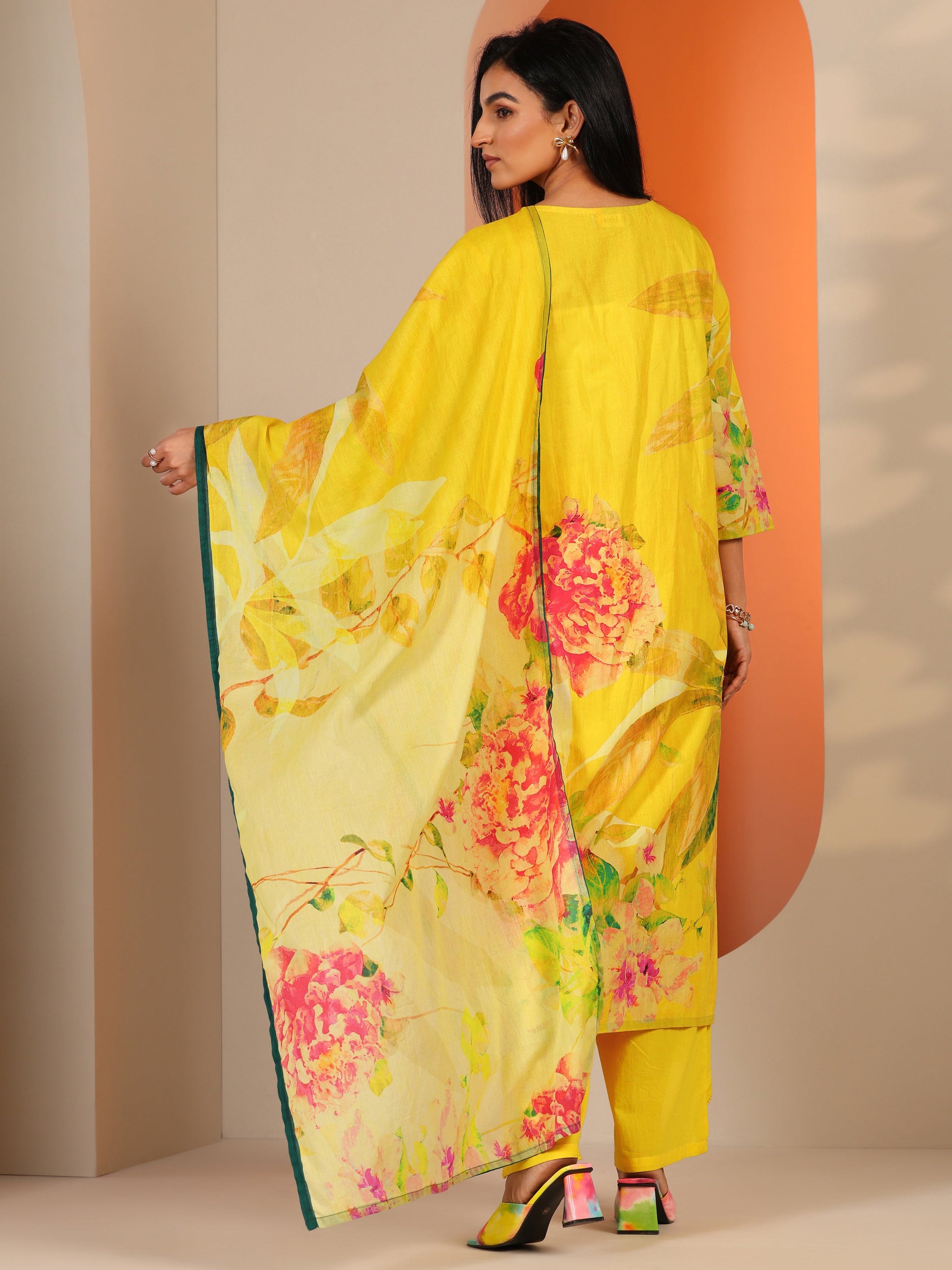 Libas Yellow Printed Cotton Straight Suit Set With Dupatta