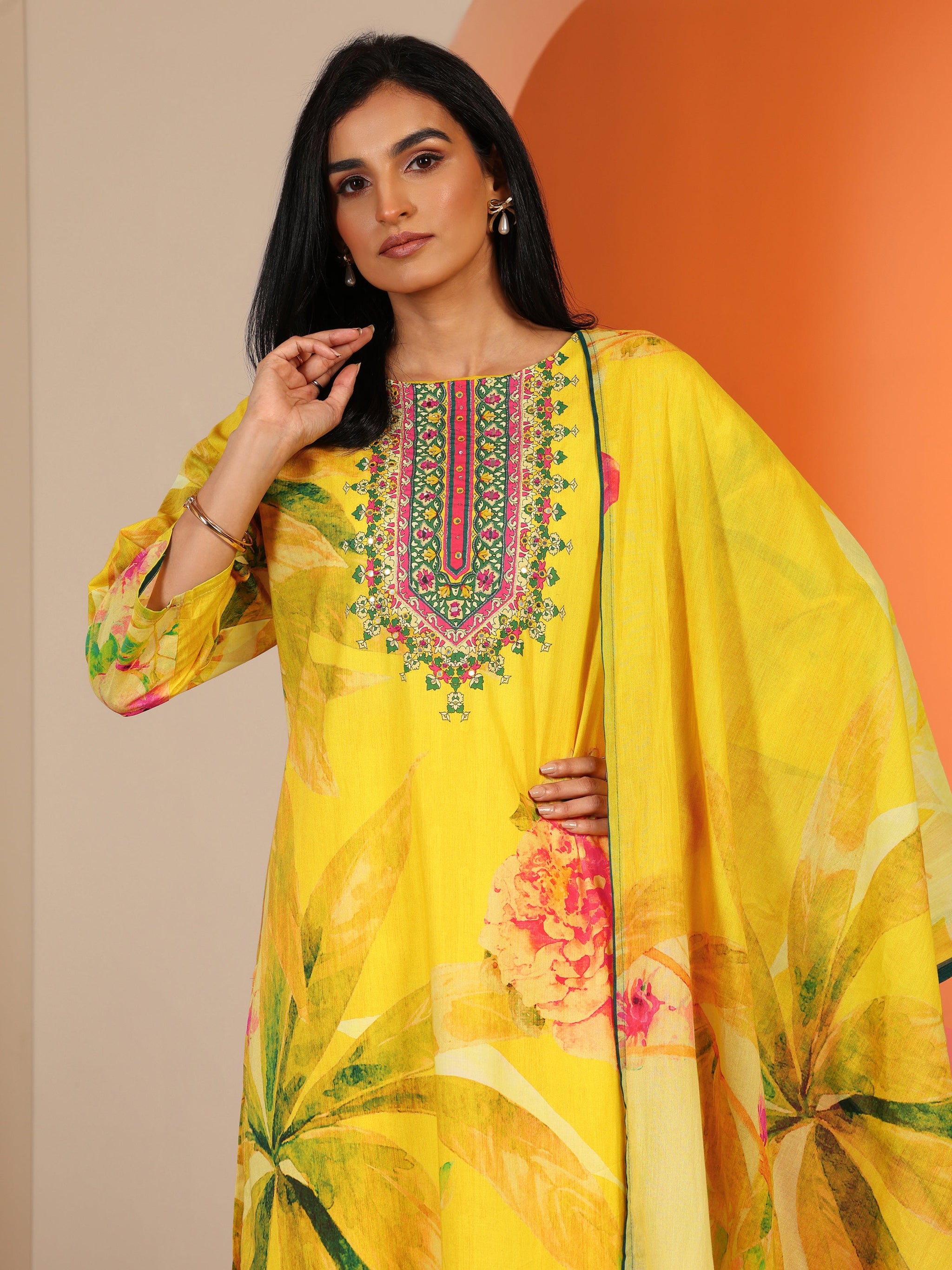 Libas Yellow Printed Cotton Straight Suit Set With Dupatta